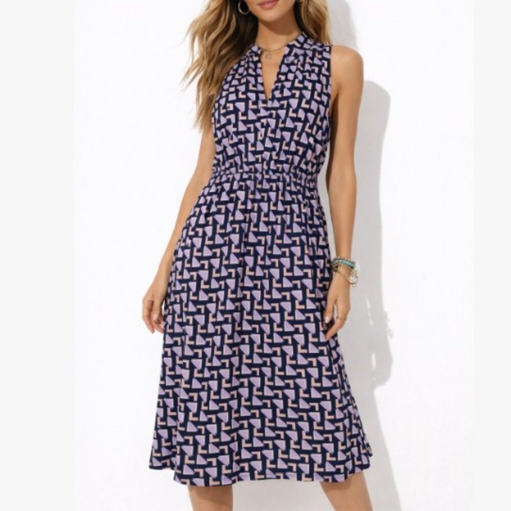 Anne Klein Geometric Print Maxi Dress Sleeveless Elastic Waist Career Medium